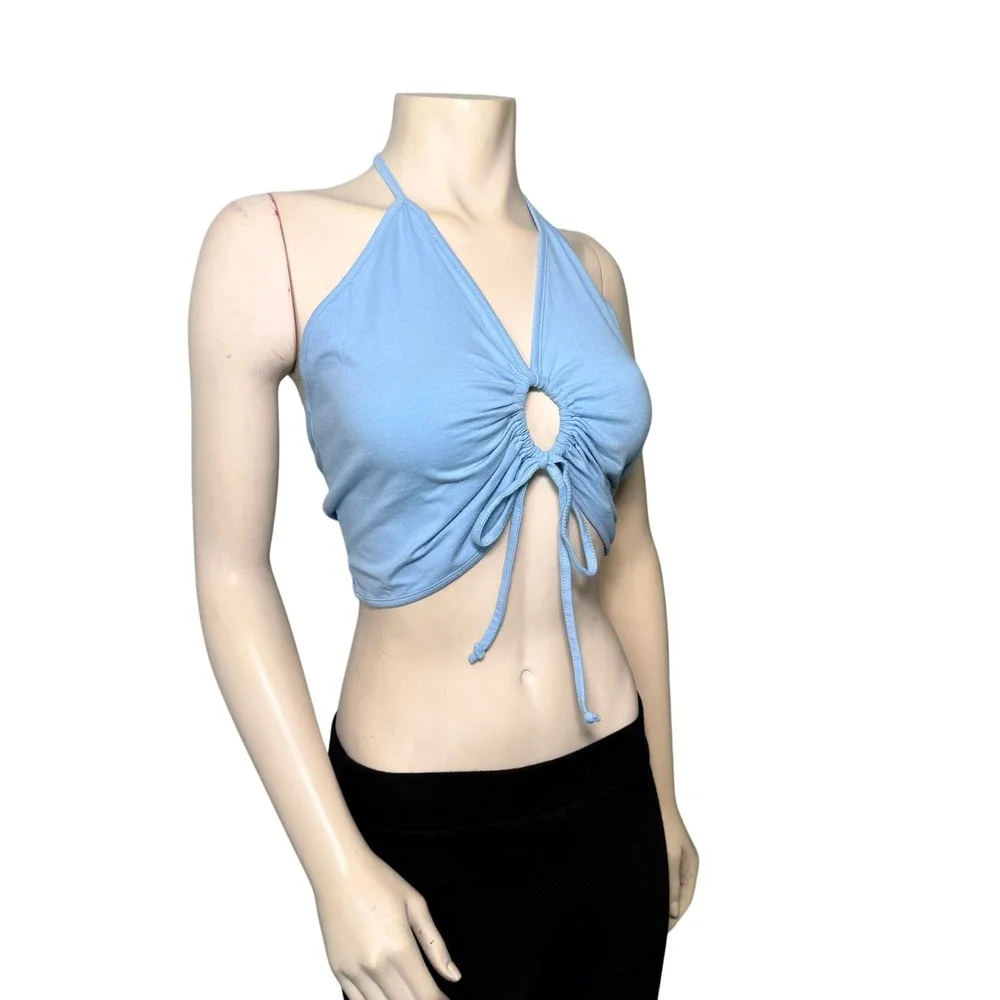 American Eagle Halter Crop Top Women L Blue NEW O-Ring Ruched Tie Front 5703-400